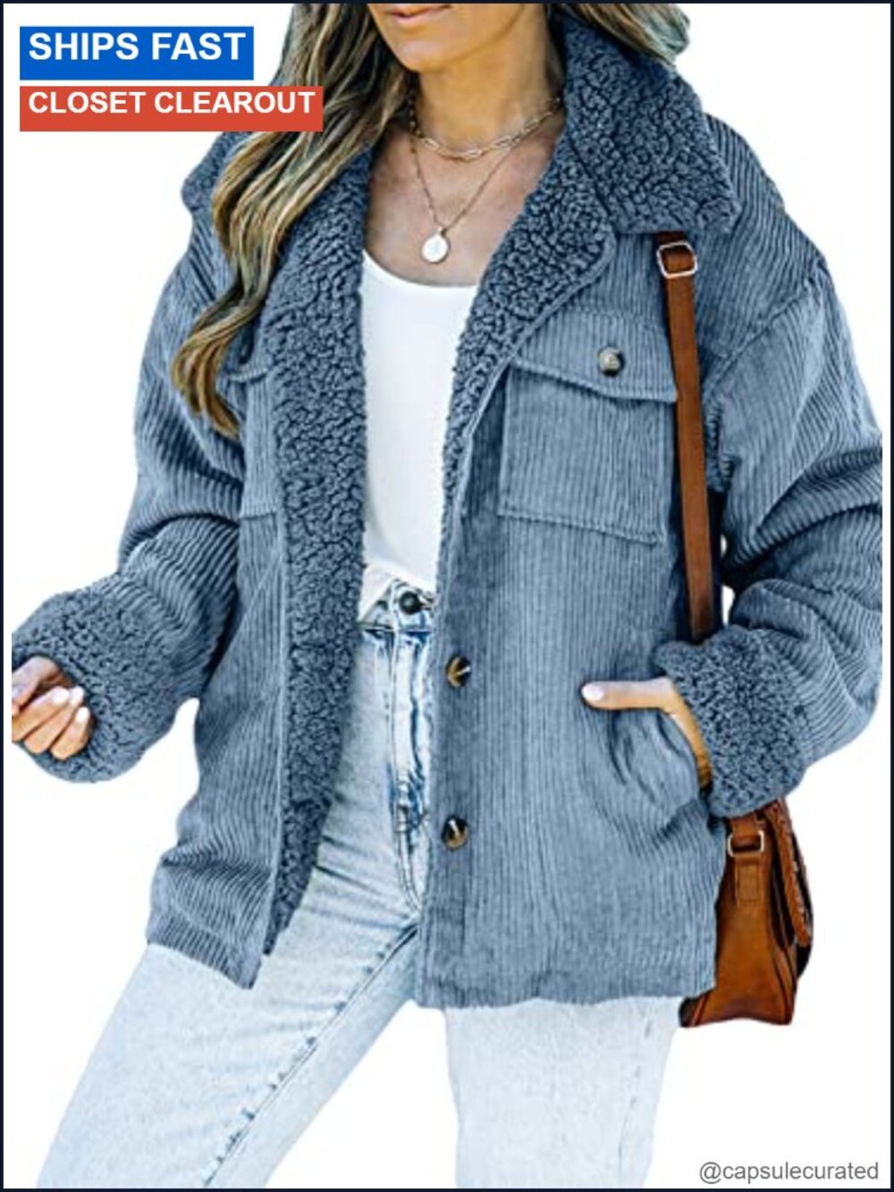 Womens Corduroy Sherpa Lined Boyfriend Jacket Button Up Fleece Winter Coat